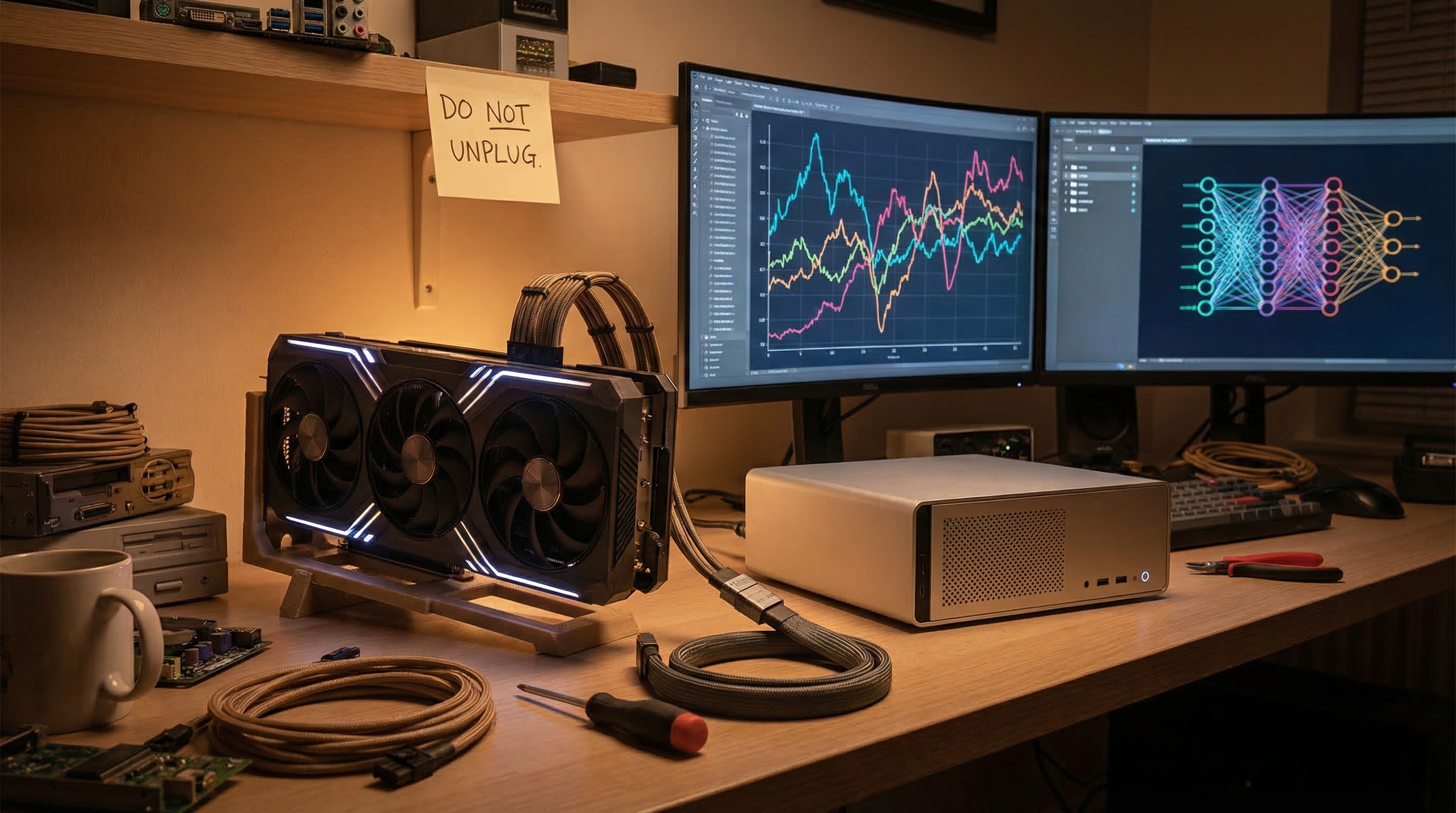 Hero image: RTX 3090 homelab setup with compact host and gloriously controlled jank